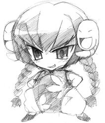  braid chibi clenched_teeth female fighting_stance full_body gofu greyscale guchuko gundam gundam_00 hairpods leaf_print legs_apart long_hair monochrome parody parted_lips potemayo simple_background smiley_face solo standing teeth twin_braids wang_liu_mei white_background 