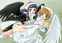  2girls angel_wings black_wings cardcaptor_sakura daidouji_tomoyo fuji_shinobu hat hoshi_no_tsue kinomoto_sakura magical_girl multiple_girls white_hat wings 