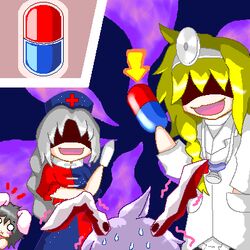  4girls :d :x ^^^ alternate_costume animal_ears arrow_(symbol) black_hair blonde_hair blush_stickers braid cross dr._mario_(game) evil_smile grey_hair hand_in_pocket hat head_mirror holding inaba_tewi kirisame_marisa lab_coat long_hair lowres mario_(series) multiple_girls myonde nervous no_headwear no_pupils o_o oekaki open_mouth parody peeking_out pill rabbit_ears red_cross reisen_udongein_inaba shaded_face side_braid smile stethoscope super_mario_bros._1 super_marisa_world sweat touhou very_long_hair yagokoro_eirin 