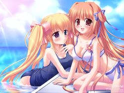  2girls bikini blonde_hair blue_eyes blush breasts cleavage day evemoina flower hair_ribbon heterochromia highres hoshiful hoshikawa_ruka kusuhara_kotone looking_at_viewer medium_breasts multiple_girls one-piece_swimsuit orange_hair outdoors pool poolside purple_eyes red_eyes ribbon school_swimsuit smile swimsuit twintails wading water wet 