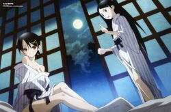  2girls bare_shoulders black_hair blue_eyes blush breasts cleavage comp_h&#039;s duplicate embarrassed full_moon fuura_kafuka hair_ornament hairclip japanese_clothes kimono kitsu_chiri legs long_hair medium_breasts moon morioka_hideyuki multiple_girls night night_sky no_bra off_shoulder official_art open_mouth orange_eyes photoshop_(medium) pointing sash sayonara_zetsubou_sensei scan short_hair sitting sky standing striped very_long_hair yukata 