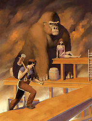  1boy ape arm_at_side arm_support bad_id bare_legs bare_shoulders barefoot barrel black_hair blue_shirt breasts brown_footwear brown_hair brown_theme carrying_over_shoulder clenched_hand closed_mouth donkey_kong donkey_kong_(1981_game) donkey_kong_(series) dress earrings facial_hair female frown furrowed_brow hammer hat holding holding_hammer hoop_earrings jewelry junkboy knee_up ladder long_hair looking_at_another manly mario mario_(series) medium_breasts monkey moustache muscular outstretched_hand outstretched_leg pants parody pauline_(mario) photoshop_(medium) pink_dress red_hat red_pants shirt shoes short_sleeves smoke strap_slip suspenders t-shirt waiting walking 