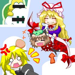  3girls ^_^ animal_ears blonde_hair brown_hair cat_ears cat_tail censored chen closed_eyes earrings hair_ribbon hat head_bump identity_censor jewelry kirisame_marisa lakitu long_hair lowres mario_(series) multiple_girls multiple_tails myonde oekaki oerba_yun_fang parody ribbon short_hair smile spiny spiny_egg super_mario_bros._1 super_marisa_world tail touhou witch_hat yakumo_yukari 