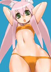  animal_ears bikini curvy female flat_chest green_eyes hip_focus long_hair midriff navel orange_bikini original pink_hair rabbit_ears solo swimsuit unaji 