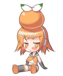  amasa_mitsunaru blush chibi crop_top female food food_as_clothes fruit full_body kagamine_rin kagamine_rin_(if) mandarin_orange orange_(fruit) orange_eyes orange_hair orange_theme sailor_collar short_hair solo transparent_background vocaloid 