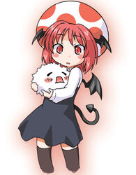  bat_wings chibi cosplay female head_wings kedama_(touhou) koakuma mario_(series) myonde red_eyes red_hair solo super_marisa_world tail toad_(mario) toad_(mario)_(cosplay) touhou wings 