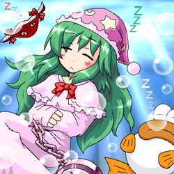  air_bubble alternate_hairstyle blush bow bowtie bubble capelet chair closed_eyes crescent crossed_arms female fish frills gap_(touhou) green_hair hat kazami_yuuka kazami_yuuka_(pc-98) light_rays lotus_land_story lowres mario_(series) myonde oekaki pajamas parody parted_lips pocket_watch rip_van_fish sleeping solo star_(symbol) sunbeam sunlight super_mario_world super_marisa_world touhou touhou_(pc-98) underwater watch water zzz 