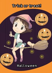  aisha_callaaisha back-print_panties broom broom_riding brown_eyes brown_hair chibi dennou_coil female glasses halloween hashimoto_fumie hat jack-o&#039;-lantern long_hair oyaji_(dennou_coil) panties pantyshot photoshop_(medium) print_panties pumpkin raglan_sleeves solo trick_or_treat underwear v witch_hat 