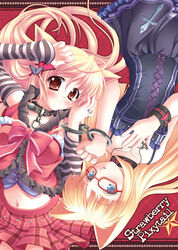  2girls animal_ears blonde_hair blue_eyes cat_ears collar copyright_request cuffs elbow_gloves evemoina glasses gloves goth_fashion handcuffs multiple_girls photoshop_(medium) plaid plaid_skirt red_eyes skirt yousisi 