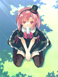  copyright_request female food from_above hat inato_serere kneeling looking_up mini_hat mini_top_hat mouth_hold pink_eyes pink_hair popsicle solo thighhighs top_hat 