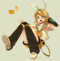  arm_warmers blonde_hair blue_eyes eighth_note female hair_ornament hair_ribbon hairclip headset kagamine_rin kagamine_rin_(if) leg_warmers musical_note nail_polish open_mouth orange_nails ribbon sailor_collar short_hair shorts simple_background solo treble_clef vocaloid yellow_nails yellow_shorts yonko 