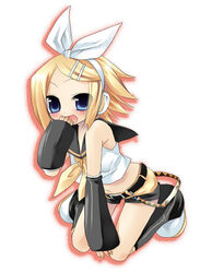  :d bare_shoulders black_footwear blonde_hair blue_eyes blush boots crop_top detached_sleeves eyes_visible_through_hair female fingerless_gloves full_body gloves hair_ornament hair_ribbon hairclip hand_to_own_mouth headphones jewelry kagamine_rin kagamine_rin_(if) knee_boots kneeling leaning_forward looking_at_viewer nail_polish navel neckerchief necklace open_mouth ribbon sailor_collar sazaki_ichiri school_uniform serafuku shirt short_hair short_shorts short_sleeves shorts sleeveless sleeveless_shirt sleeves_past_wrists smile solo stomach swept_bangs tareme vocaloid white_ribbon white_shirt yellow_nails yellow_neckerchief yellow_shorts 