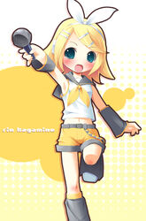  :o \m/ belt blonde_hair blue_eyes blush bow crop_top detached_sleeves female hair_ornament hairclip headphones kagamine_rin kagamine_rin_(if) leg_lift leg_warmers microphone open_mouth pu-en shirt shoes shorts sleeveless sleeveless_shirt solo standing standing_on_one_leg vocaloid white_shirt yellow_shorts 