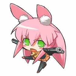  animal_ears chibi dual_wielding female green_eyes gun handgun holding lowres original pink_hair solo thighhighs unaji weapon zettai_ryouiki 