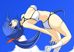  bikini blue_eyes blue_hair blush breasts cleavage female jumping medium_breasts original painttool_sai_(medium) ponytail profile shijou_sadafumi socks solo swimsuit white_bikini 