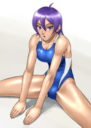  bang-you blush competition_swimsuit female highleg highleg_swimsuit kenkou_zenrakei_suieibu_umishou one-piece_swimsuit orizuka_momoko purple_eyes purple_hair shiny_skin short_hair simple_background single_vertical_stripe solo spread_legs swimsuit toned 