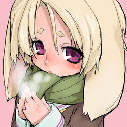  animal_ears blonde_hair blush breath cold commentary_request female floppy_ears green_scarf looking_at_viewer oekaki open_mouth original pink_background purple_eyes rabbit_ears scarf short_eyebrows short_hair solo unaji 