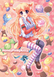  ahoge animal_ears arm_warmers asymmetrical_legwear belt blonde_hair blush bow candy cat_ears cat_tail chupa_chups copyright_request detached_sleeves evemoina female food frills lollipop long_hair mismatched_legwear oerba_yun_fang open_mouth panties pleated_skirt purple_eyes skirt solo striped_clothes striped_panties striped_thighhighs tail thighhighs underwear 