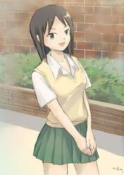  aisha_callaaisha black_hair brown_eyes dennou_coil female harakawa_tamako open_mouth photoshop_(medium) school_uniform solo wall 