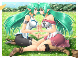  2girls boots breasts contrast dagger earrings elf green_hair holding_hands interlocked_fingers jewelry knife large_breasts long_hair multiple_girls pointy_ears riel_rezent siblings skirt sofy_rezent symmetrical_pose twins ukagaka weapon yaso_shigeru 