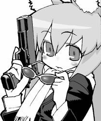  animal_ears female greyscale gun handgun holding holding_gun holding_weapon monochrome original scarf solo sunglasses unaji unworn_eyewear weapon 