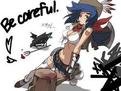  axe black_hair blue_hair blue_shorts blush breasts cleavage crop_top demon denim denim_shorts deviruchi feathers female fingerless_gloves fuchida_kazuhiro gloves hat heart large_breasts mallet midriff mouth_hold o_o photoshop_(medium) pitchfork ragnarok_online short_hair short_shorts shorts sketch solo tattoo thighhighs weapon white_thighhighs whitesmith_(ragnarok_online) wings 