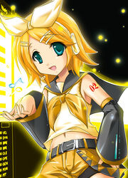  :d aqua_eyes belt blonde_hair bow detached_sleeves eighth_note female fireflies hair_ornament hairclip headphones headset kagamine_rin kagamine_rin_(if) maho_(yakimorokoshi) musical_note open_mouth photoshop_(medium) shirt shorts sleeveless sleeveless_shirt smile solo vocaloid yellow_shorts 