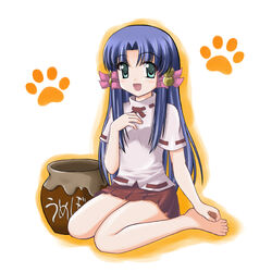  :d animal_hands aoba_kozue barefoot blue_hair bow female green_eyes hair_tubes hyokkori_tamago long_hair mahoraba open_mouth pink_bow sitting skirt smile solo storage_pot wariza 