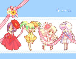  4girls chibi dress flower gerbera gimei happy long_hair multiple_girls original photoshop_(medium) ribbon shoes short_hair smile 