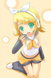  blonde_hair blush bow crop_top female flat_chest highres kagamine_rin kagamine_rin_(if) kneeling kuro_(be_ok) midriff sailor_collar school_uniform short_hair shorts solo vocaloid 