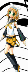  belt blonde_hair blush bow crop_top cropped detached_sleeves female green_eyes hair_ornament hairclip headphones headset kagamine_rin kagamine_rin_(if) leg_warmers light_smile midriff musical_note nail_polish natsuzakura_yuuki navel orange_nails shirt shoes short_hair shorts sleeveless sleeveless_shirt solo vocaloid yellow_shorts 