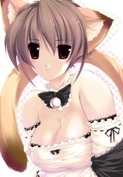  animal_ears bare_shoulders bell blush breasts brown_eyes brown_hair cat_ears choker cleavage copyright_request detached_sleeves female highres jian large_breasts ribbon smile solo tail 