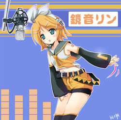  :o belt blonde_hair blue_background buckle character_name cowboy_shot crop_top detached_sleeves female hair_ornament hair_ribbon hairclip kagamine_rin kagamine_rin_(if) microphone number_tattoo open_mouth photoshop_(medium) ribbon sailor_collar short_sleeves shorts shoulder_tattoo simple_background solo standing swept_bangs tattoo tomusooya translated vocaloid white_ribbon 