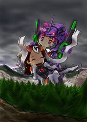  2girls :&gt; angel_(evangelion) artist_request battle biting chibi closed_eyes cosplay crying ear_biting eating eva_01 forest giant giantess laughing long_hair mecha mecha_musume multiple_girls nature neon_genesis_evangelion outdoors parody personification pink_hair purple_eyes red_hair robot science_fiction short_hair spoilers tears tickling tickling_ears zeruel_(evangelion) 