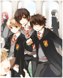  5boys aged_down animification black_hair blazer blonde_hair closed_eyes female glasses gryffindor harry_potter_(series) hogwarts_school_uniform jacket james_potter kurot lily_evans long_hair multiple_boys pale_skin peter_pettigrew photoshop_(medium) red_hair remus_john_lupin school_uniform severus_snape short_hair sirius_black slytherin wizarding_world 