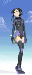  aesha_krishnam bindi black_footwear black_gloves black_hair black_leotard black_thighhighs boots breasts cloud contrail covered_navel day expressionless facial_mark female forehead_mark gloves headgear leotard looking_to_the_side motion_slit oekaki photoshop_(medium) pilot_suit red_eyes satou_atsuki shadow short_hair_with_long_locks sidelocks sky sky_girls small_breasts solo standing thigh_boots thighhighs turtleneck 