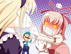  &gt;_&lt; 2girls anger_vein angry anna_(gekkou_no_carnevale) blonde_hair cheek_pinching chibi closed_eyes dress game_cg gekkou_no_carnevale hair_ribbon iris_(gekkou_no_carnevale) long_hair luigi maid mario_(series) multiple_girls o_o oosaki_shin&#039;ya pinching pink_hair rabbit ribbon short_hair stuffed_animal stuffed_toy super_mario_bros._1 tears teeth 