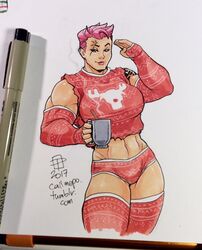  2d blizzard_entertainment callmepo christmas female overwatch photo_(medium) solo traditional_media_(artwork) ugly_sweater zarya 