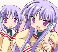  2girls clannad company_connection cosplay fujibayashi_kyou fujibayashi_kyou_(cosplay) fujibayashi_ryou fujibayashi_ryou_(cosplay) highres hiiragi_kagami hiiragi_tsukasa hikarizaka_private_high_school_uniform kyoto_animation long_hair lucky_star multiple_girls namamo_nanase parody purple_eyes purple_hair school_uniform siblings sisters twins 