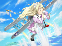  aircraft airplane apron bf_109 biplane blonde_hair blush breasts closed_eyes cloud cup day dress drinking fairey_swordfish fairy_(moe_moe_niji_taisen_ryaku) female flying game_cg large_breasts long_hair maid maid_headdress mecha_musume military moe_moe_niji_taisen_ryaku mountain necktie outdoors plate roundel sky solo splashing teacup torayama_motoha torpedo water what wind world_war_ii 