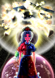  :d amamizu_(myofuu_kai) blue_dress blue_eyes blue_hat bow braid cross dress earth_(planet) explosion female grey_hair hat in_orbit laughing long_hair moon mousou_dairinin nurse_cap open_mouth parody planet red_cross red_dress satellite sky smile solo space star_(sky) starry_sky touhou trigram two-tone_dress yagokoro_eirin 