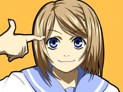  bad_id bad_pixiv_id blue_eyes brown_hair female finger_gun finger_gun_to_head hands joshi_kousei original parody pointing portrait rutarou school_uniform smile solo style_parody 