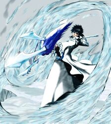  1boy aaroniero_arruruerie arrancar bleach colorized holding holding_weapon kubo_tite male_focus nejibana_(shikai) polearm shiba_kaien shikai solo spoilers trident water weapon zanpakutou 