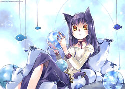  animal_ears artist_name bare_shoulders breasts cat_ears cat_girl chains choker commentary_request cushion dated female fish fish_tank glass hair_ribbon holding jewelry knee_up leaning_back long_sleeves looking_at_viewer off-shoulder_shirt off_shoulder orb original parted_lips pillow purple_hair purple_skirt ribbon ribbon_choker ring sanjou_sorata shirt side_slit sidelocks sitting skirt solo string surprised tail tail_ornament tail_ring thimble toy transparent tress_ribbon water yellow_eyes 