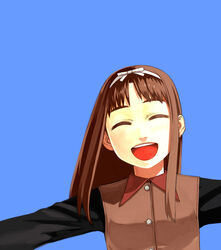  :d ^_^ angelica_(gunslinger_girl) blue_background brown_hair closed_eyes female gunslinger_girl hair_ribbon hairband happy long_hair open_mouth outstretched_arms ribbon smile solo spread_arms yu_65026 