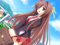  :d bag bra-ban! brown_hair dutch_angle female game_cg kobuichi long_hair nakanoshima_tae necktie open_mouth red_eyes ribbon school_bag school_uniform smile solo thighhighs v_arms zettai_ryouiki 