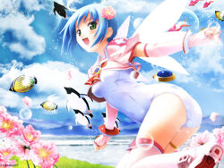  :d angel angel_wings arched_back armor ass bad_id bad_link bird blue_hair blue_sky blush boots bracer brooch bubble clenched_hand cloud cloudy_sky covered_navel crop_top cross day djibril_(makai_tenshi_djibril) elbow_gloves female fingerless_gloves fish flower flying from_side gem gloves glowing glowing_wings grass green_eyes hair_flower hair_ornament halo jewelry kuuchuu_yousai leaning_forward leg_lift looking_at_viewer looking_back magical_girl makai_tenshi_djibril manabe_rika mountain nature necktie one-piece_swimsuit open_mouth outdoors outstretched_arm outstretched_arms penguin photoshop_(medium) pink_footwear pink_gloves pink_thighhighs puffy_short_sleeves puffy_sleeves red_cross school_swimsuit school_uniform serafuku shin_guards shirt short_hair short_sleeves sky smile solo sparkle spread_arms swimsuit swimsuit_costume swimsuit_under_clothes thigh_boots thighhighs thighlet third-party_edit water watermark white_one-piece_swimsuit wings 