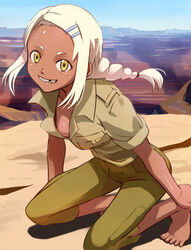  alternate_hairstyle barefoot braid breasts capri_pants dark-skinned_female dark_skin day desert feet female freckles grin hair_ornament hairclip haruyama_kazunori kneeling lal&#039;c_mellk_mal large_breasts mesa missing_tooth open_collar outdoors pants sidelocks single_braid smile solo top_wo_nerae_2! white_hair yellow_eyes 