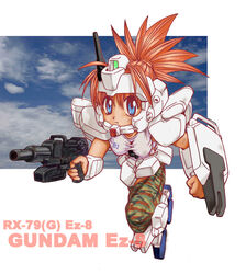  artist_request female gun gundam gundam_08th_ms_team gundam_ez8 machine_gun mecha_musume red_hair shield solo tank_top weapon 