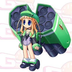  beret blue_eyes ein_(long_cake) female gadget_trial green_theme hat lowres mecha_musume photoshop_(medium) rocket solo yu-ri_(gadget_trial) 